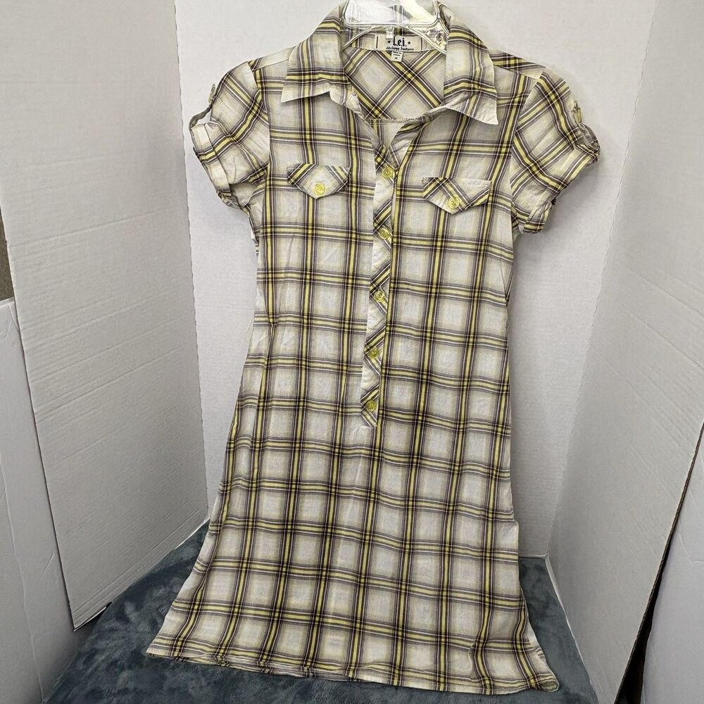 LEI Juniors XS Beige/Yellow Plaid Shirt Dress Button Front Short Sleeve Y2k